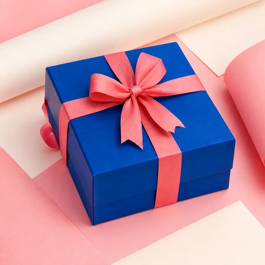 Caja de regalo Cromky azul con lazo rosado